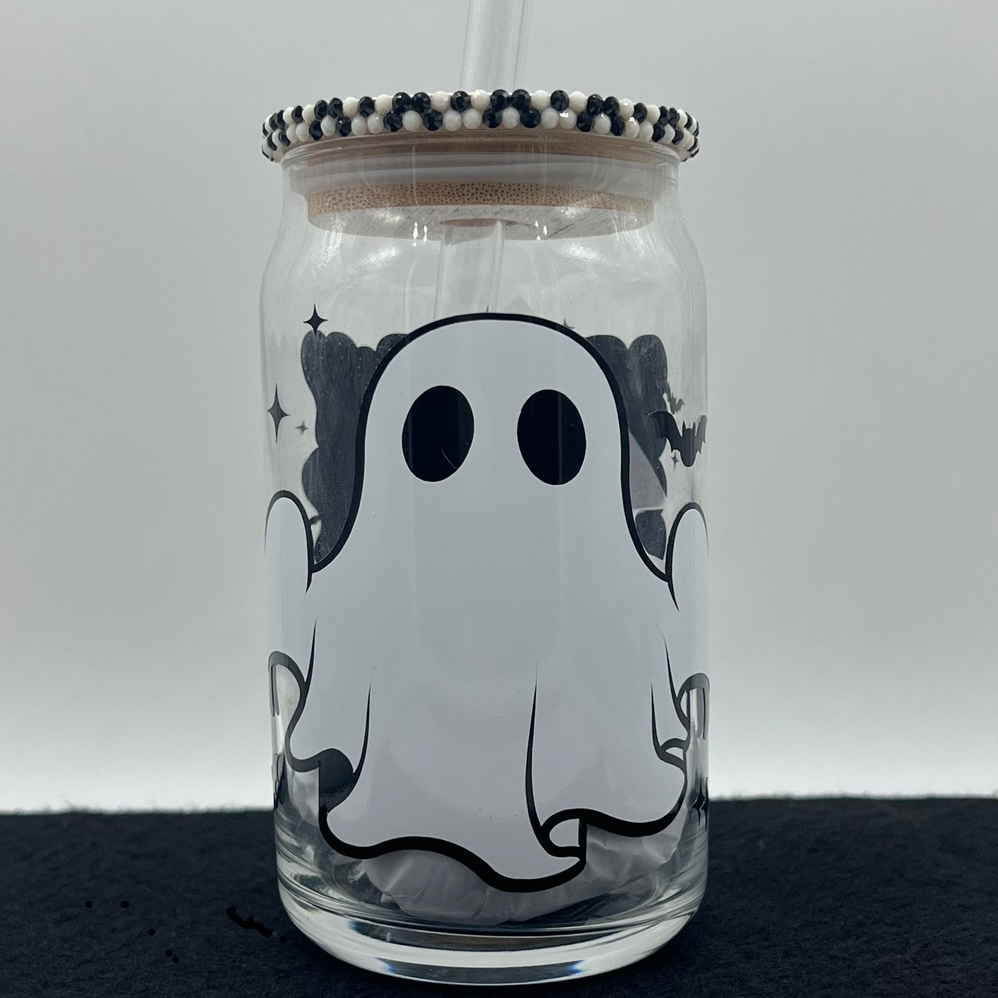 Spooky Vibes Ghost Glass Cup with Bamboo Lid and Glass Straw