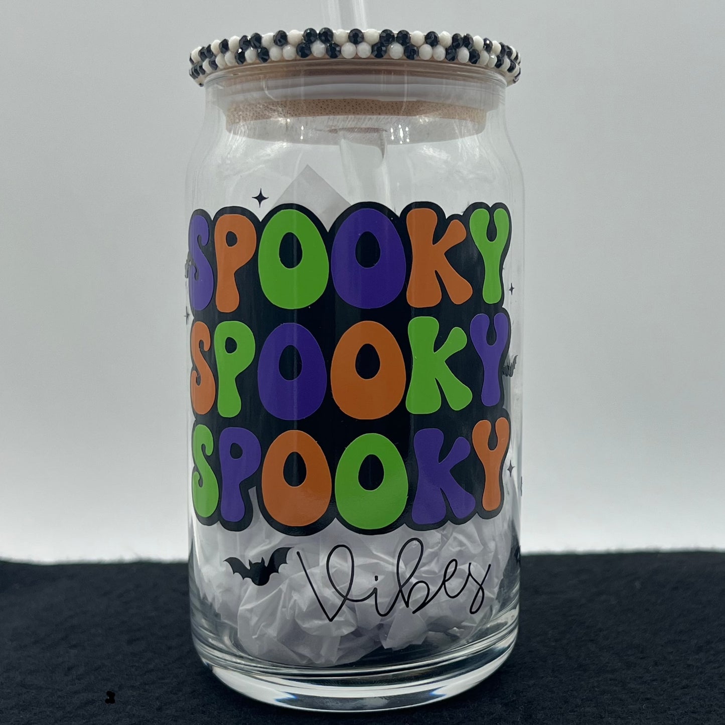 Spooky Vibes Ghost Glass Cup with Bamboo Lid and Glass Straw