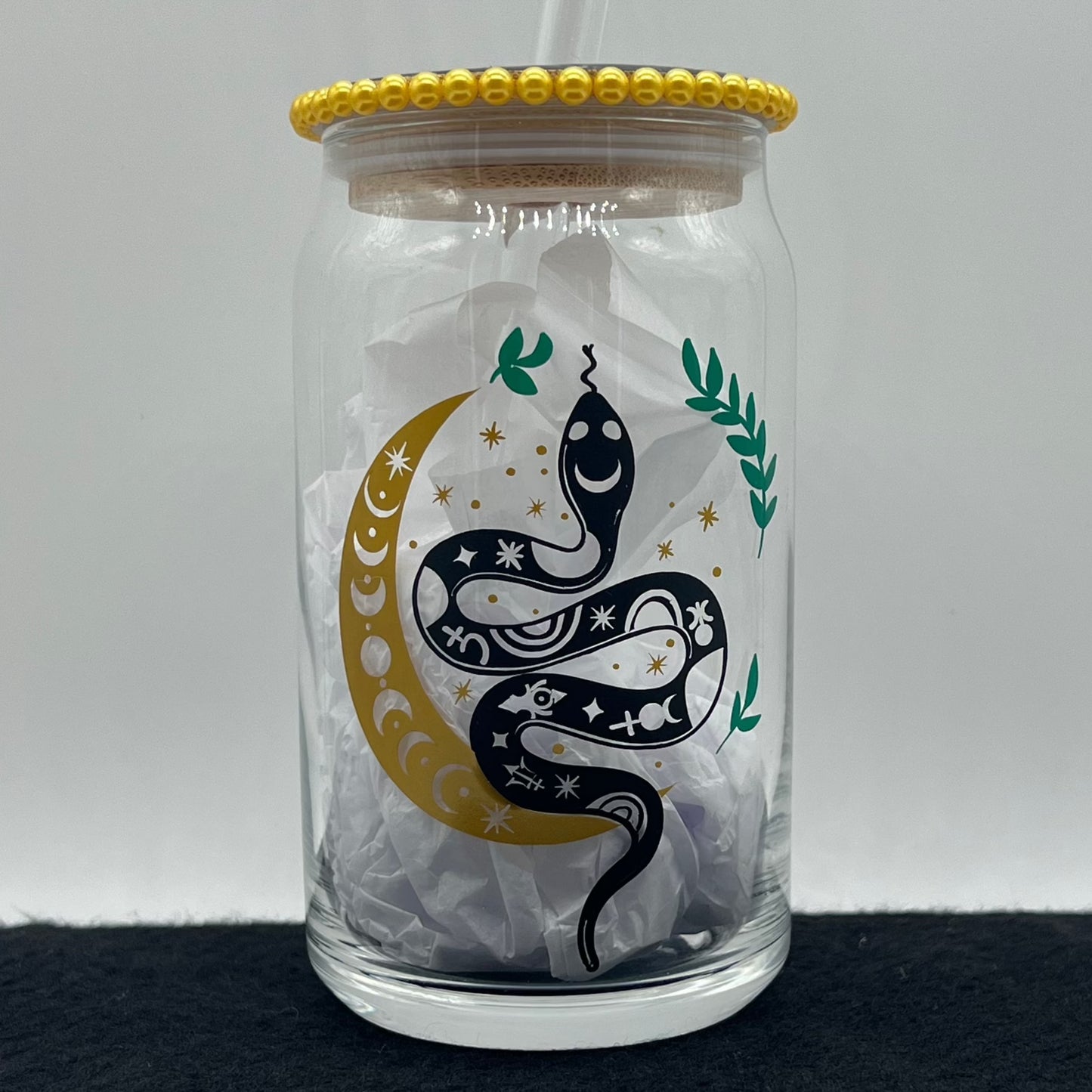 Boho Moon Serpent Glass Cup with Bamboo Lid and Glass Straw