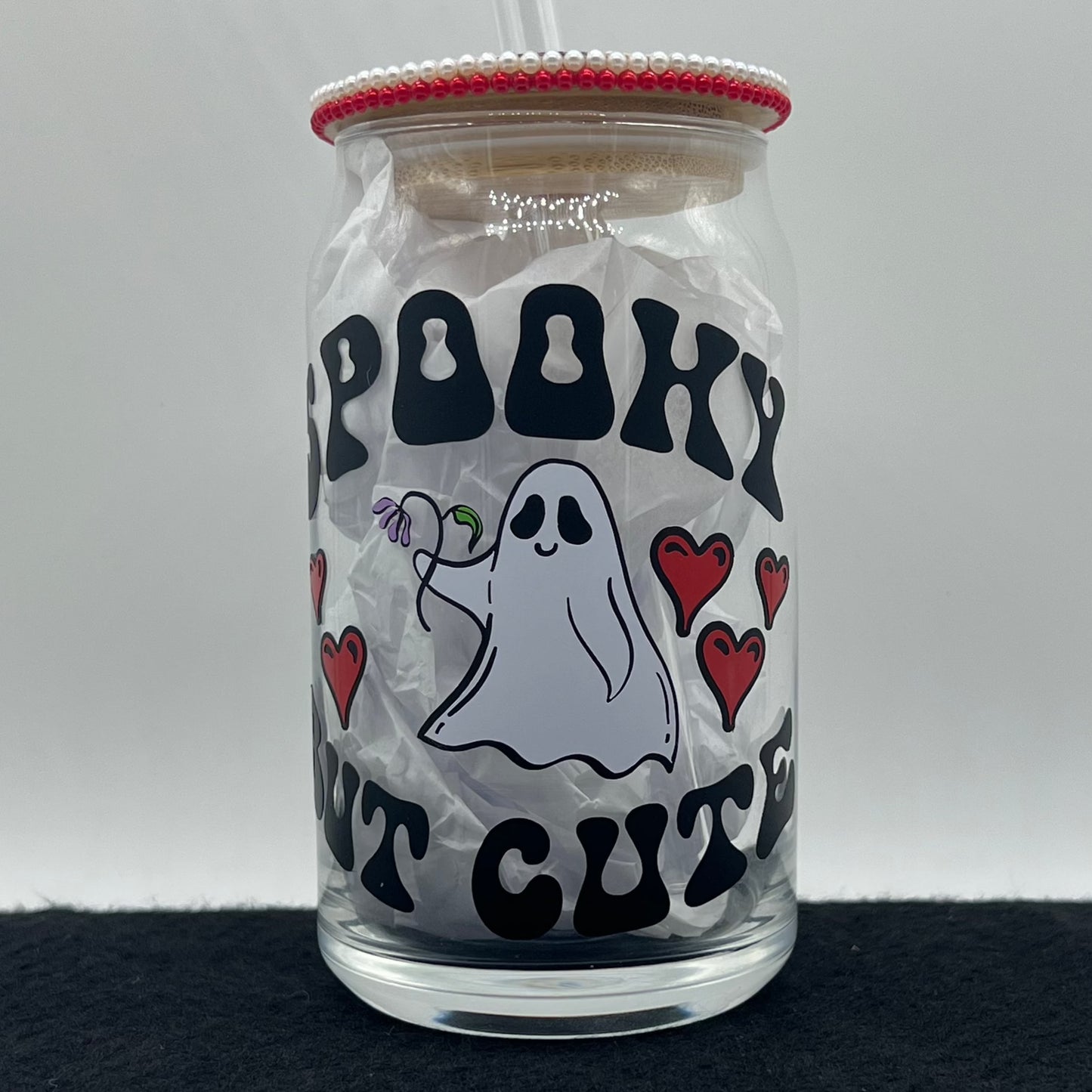 Spooky but Cute Ghost Glass Cup with Bamboo Lid and Glass Straw