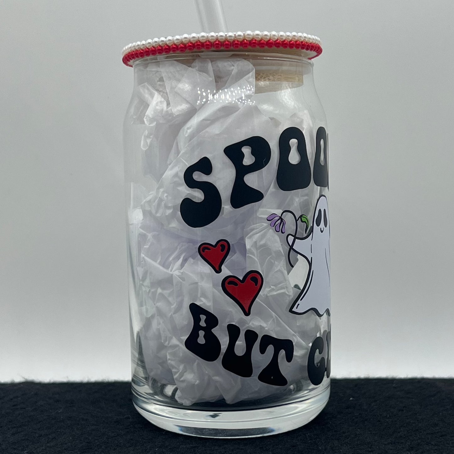 Spooky but Cute Ghost Glass Cup with Bamboo Lid and Glass Straw