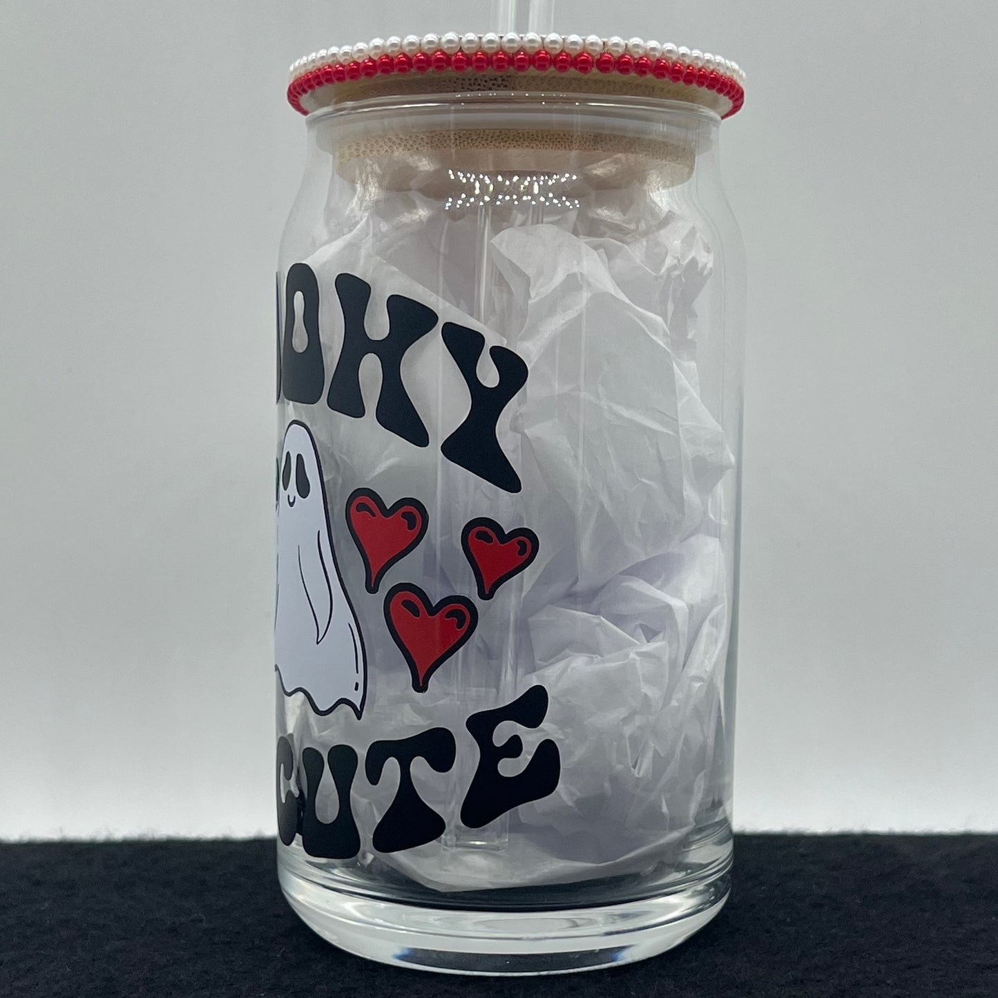 Spooky but Cute Ghost Glass Cup with Bamboo Lid and Glass Straw