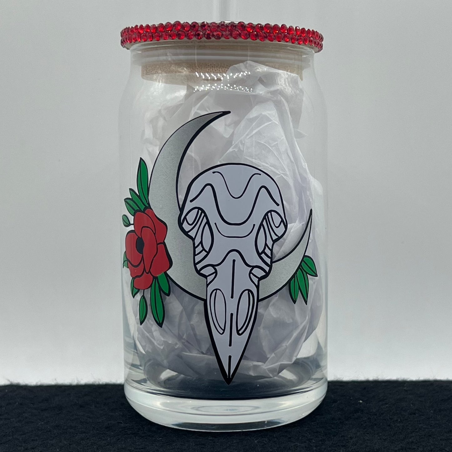 Raven Skull Glass Cup with Bamboo Lid and Glass Straw
