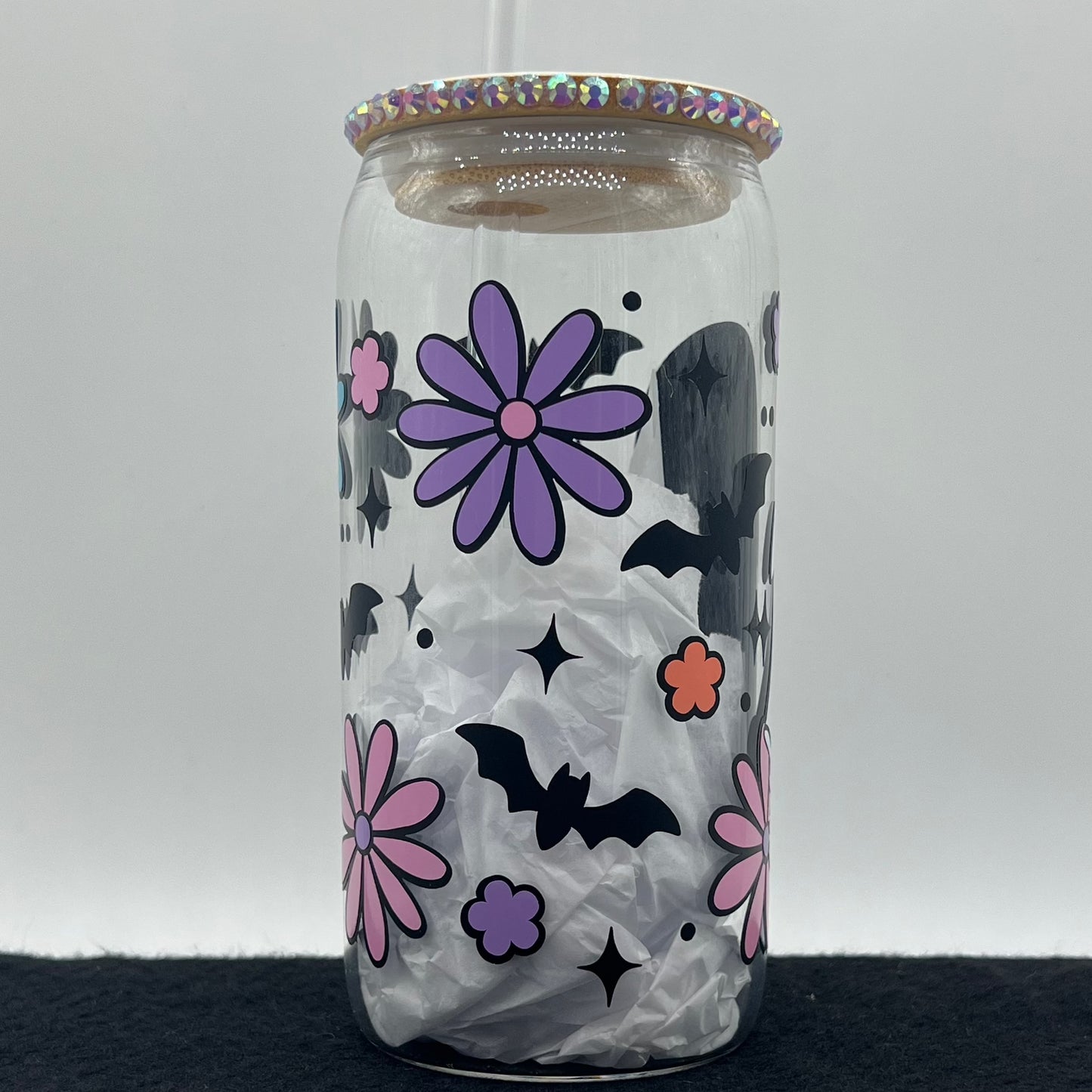 Spooky Floral Boo Glass Cup With Bamboo Lid and Glass Straw