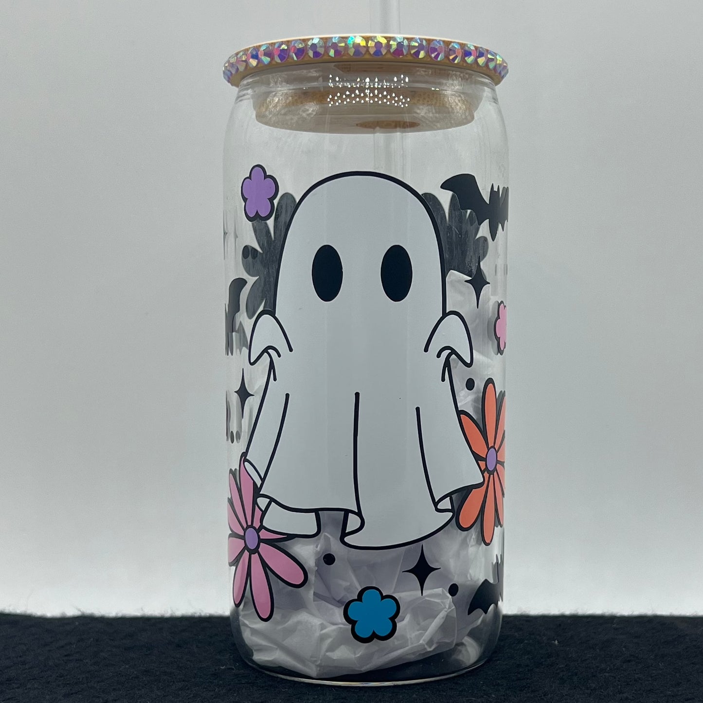 Spooky Floral Boo Glass Cup With Bamboo Lid and Glass Straw