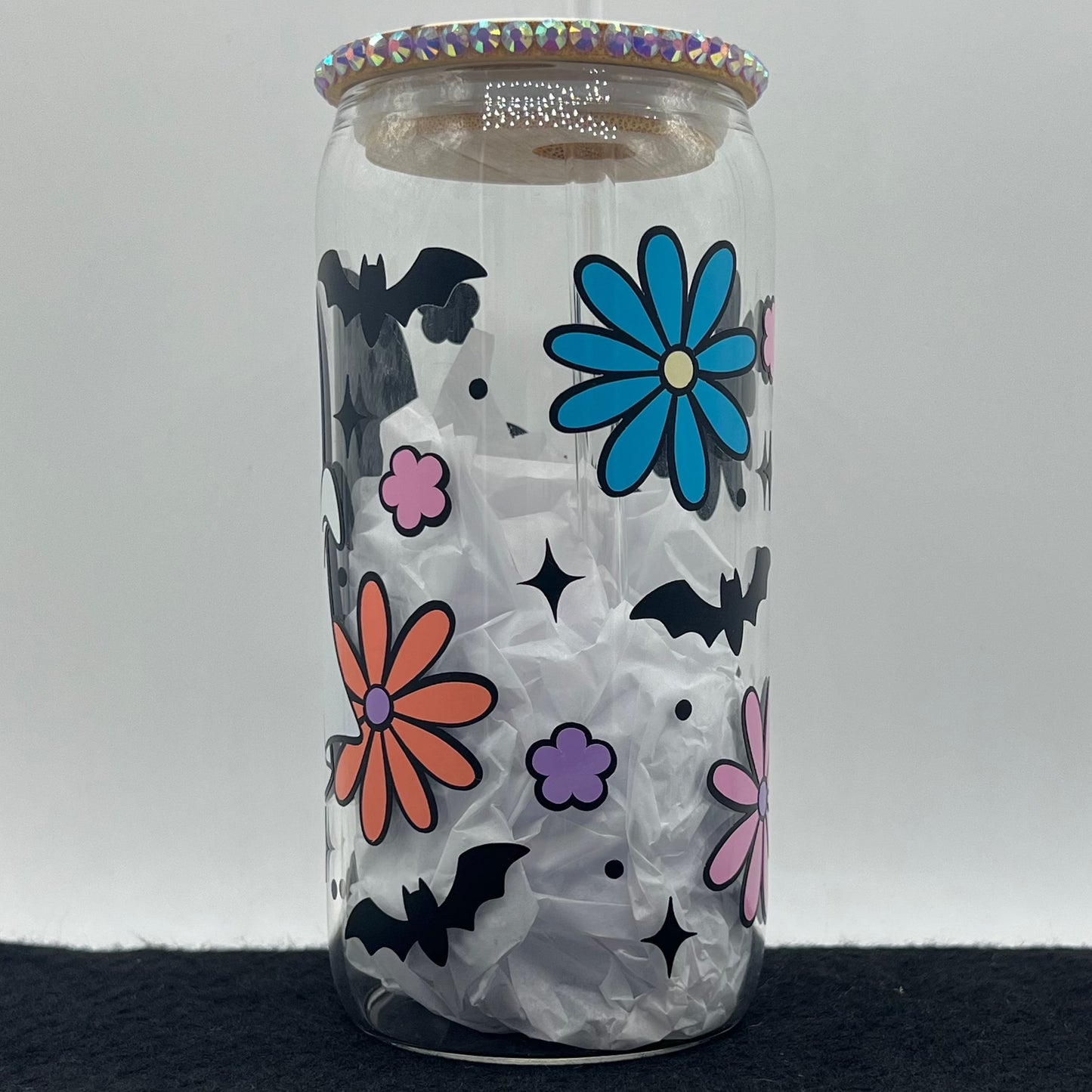 Spooky Floral Boo Glass Cup With Bamboo Lid and Glass Straw