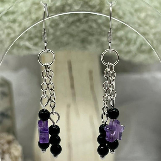 Amethyst and Black Jasper Crystal Dangly Earrings