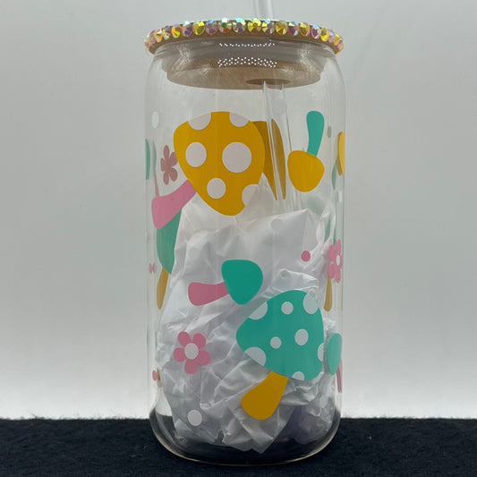 Pastel Mushies Glass Cup with Bamboo Lid and Glass Straw