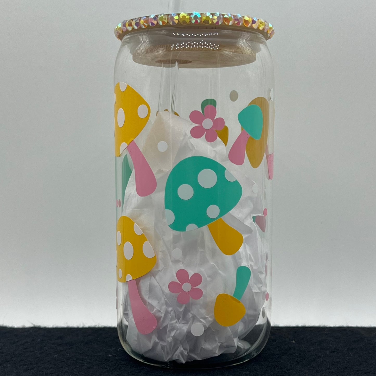 Pastel Mushies Glass Cup with Bamboo Lid and Glass Straw