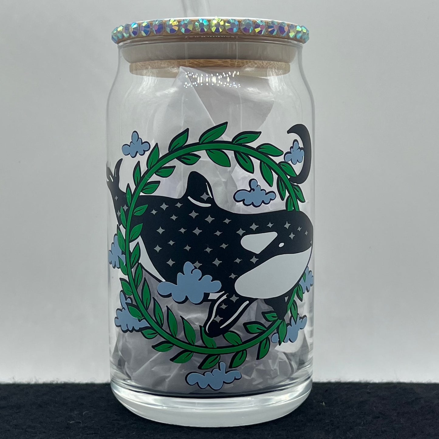 Ocean Vibes Glass Cup with Bamboo Lid and Glass Straw