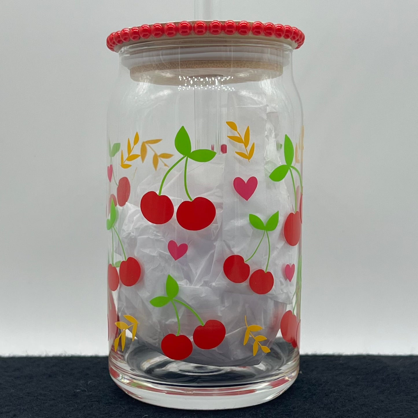 Cherries Galore Glass Cup with bamboo Lid and Glass Straw